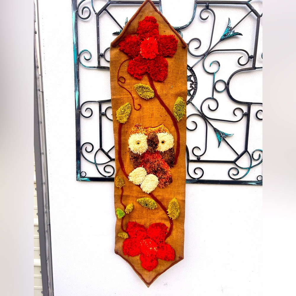 Vintage MCM Burlap wall hanger. Approx 4ft long